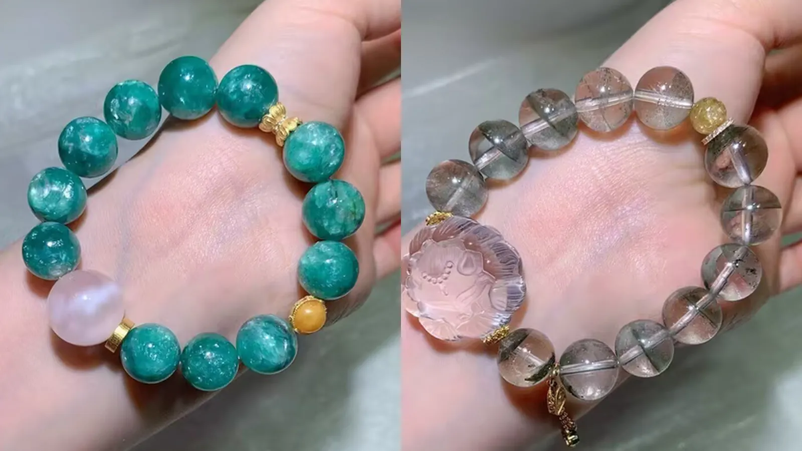 手腕上的对比：左为 13.5mm 深青绿色祖母晶手链，右为带雕刻花苞狐的绿幽灵手链