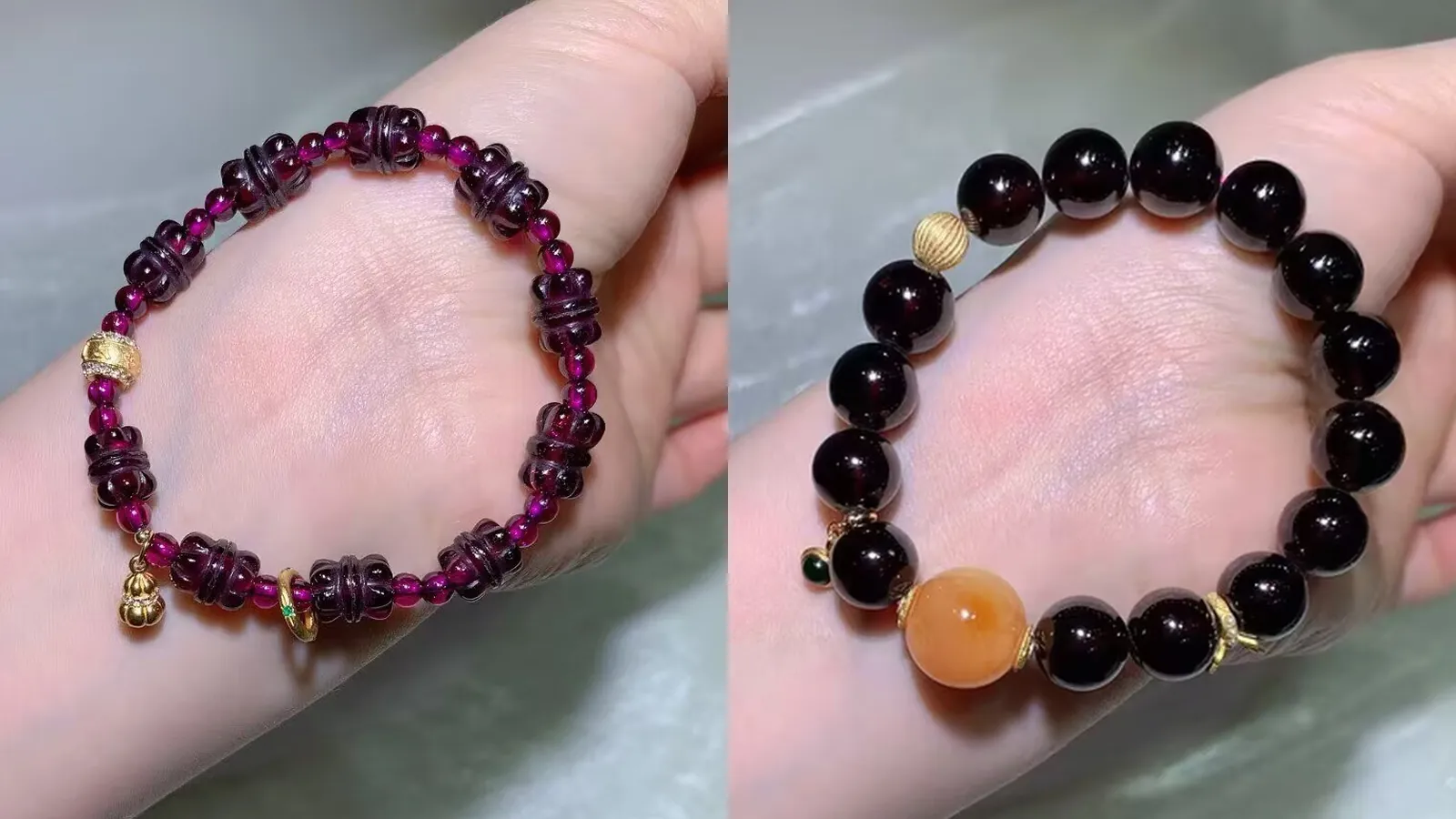 手腕上的对比：左为 9×10mm 雕刻棱纹桶珠紫牙乌手链，右为 11.1mm 酒红石榴石手链